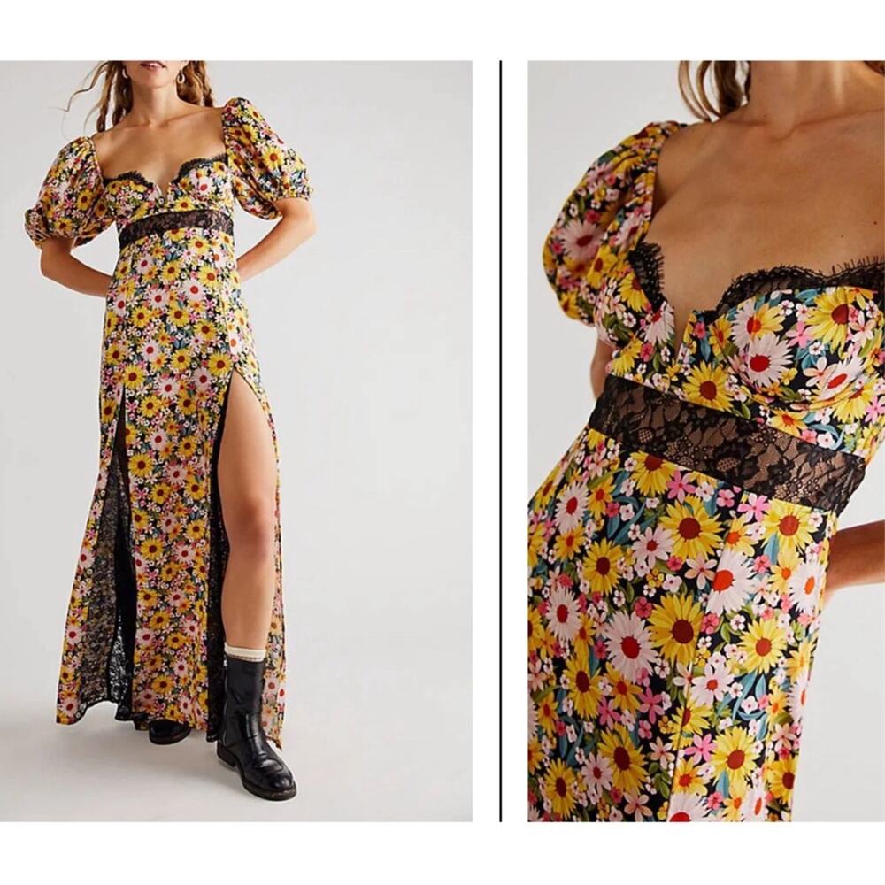 FOR LOVE & LEMONS Sylvia Floral Puff Sleeve Lace Bustier Maxi Dress Size XS - Picture 4 of 12